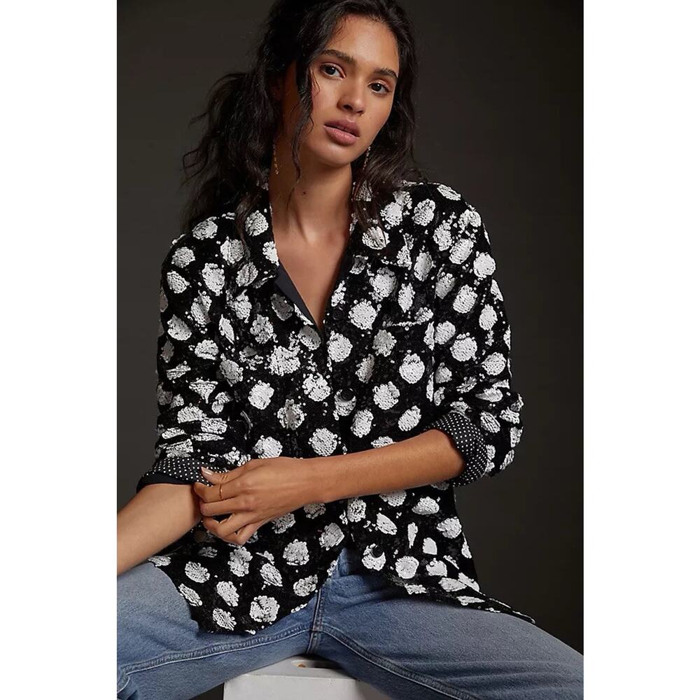NWT Anthropologie Maeve Sequined Shirt Jacket Black White Sequins Small